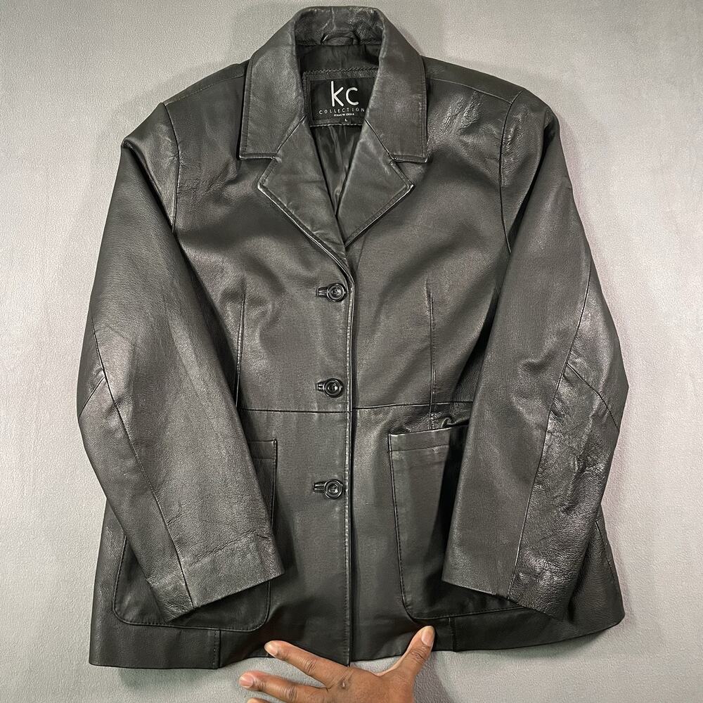 VTG KC Collection Black Leather Button Down Winter Pleated Coat Women’s Size L
